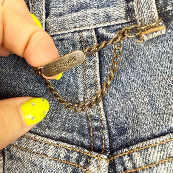 Roberto Cavalli Y2K 90s Low Rise Bootcut Distressed Denim Chain Jeans Size 32 - Picture 10 of 12